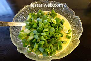 irisan daun bawang untuk membuat tahu kopyok