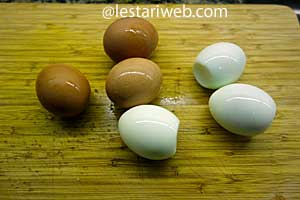 mengupas telur ayam rebus